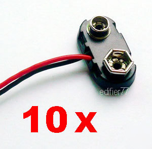Pkg 10, 9 volt snap on battery clip connector t type