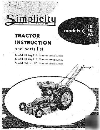 Simplicity lb fb va garden tractor owners manual parts