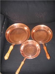 Vintage copper hand hammered frying pans set of three