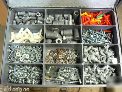 4 klein storage boxes in slide rack w/fasteners & parts
