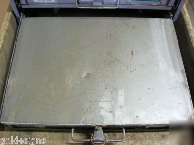 4 klein storage boxes in slide rack w/fasteners & parts