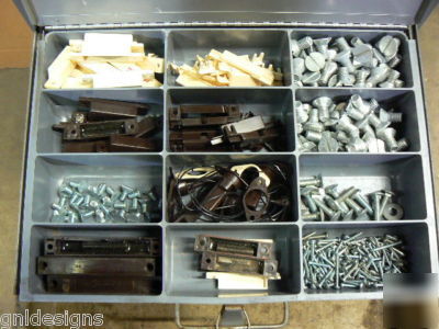 4 klein storage boxes in slide rack w/fasteners & parts