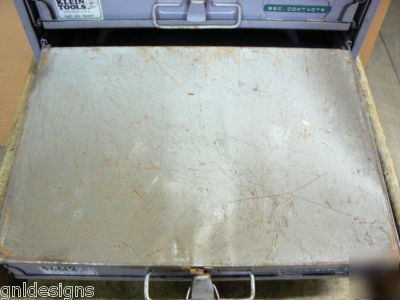 4 klein storage boxes in slide rack w/fasteners & parts