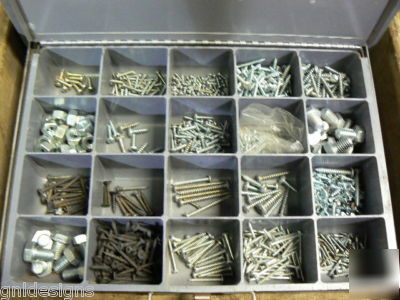4 klein storage boxes in slide rack w/fasteners & parts