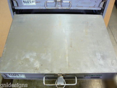 4 klein storage boxes in slide rack w/fasteners & parts