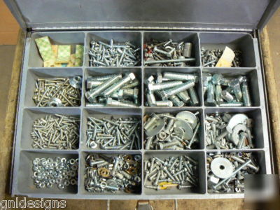 4 klein storage boxes in slide rack w/fasteners & parts
