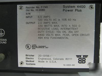 Birtcher 4400 power plus electrosurgery unit w/ pedals 