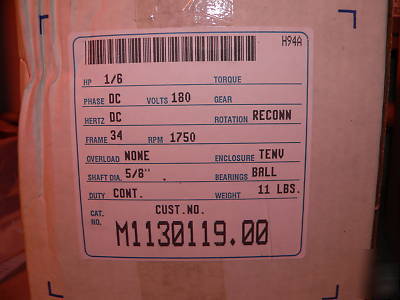 New 1/6 hp dc electric motor 180 volt tenv, 5/8