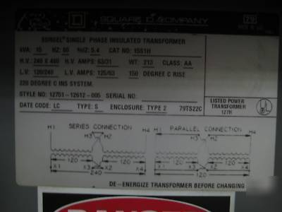 Square d transformer 15 kva 240 x 480 120/240 15KVA 1PH