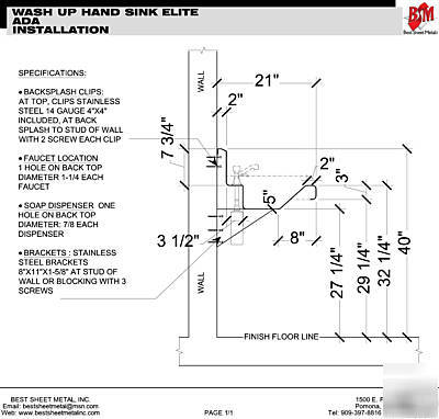 Ada wash up hand sink 1 station vandal resistant faucet