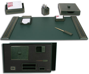 Green leather & 24KT gold tooled 7PC desk set pad D5404