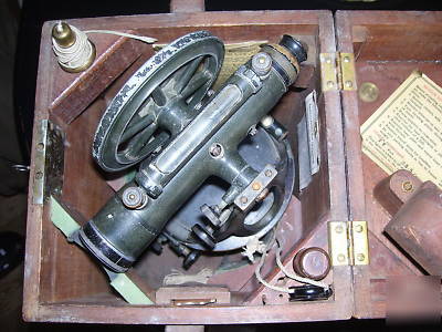 Gurley transit with box, tripod, and stick