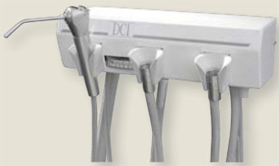 Two dci 2 handpiece dental controls on folding arms