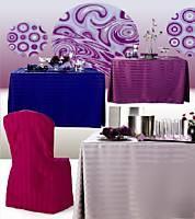 8' table, poly stripe fitted tablecloth, pleated corner