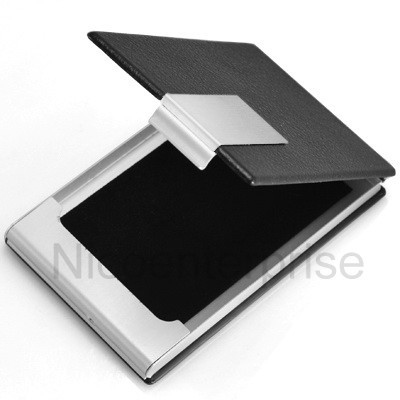 Portable black leather credit business card holder case