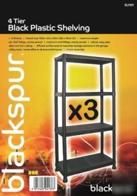 Shelving units 3X 4 tier black plastic ideal storage