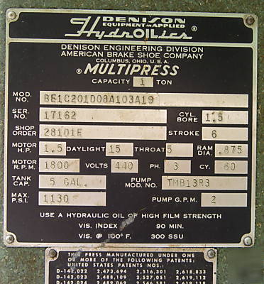 Denison hydraulic multi-press 1 ton midget punch press