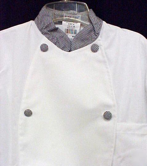 New white chef coat check trim button double breast 34 