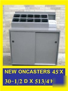 New condiment station storage cabinet on casters w/pans