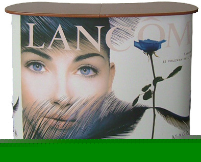 Curved face promotional table w/ top header board