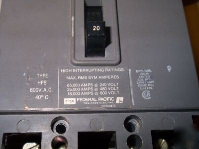Fpe federal pacific breaker HFB2020 hfb circuit 3 pole