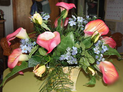 Office silk flower arrangement yellow roses calla lily