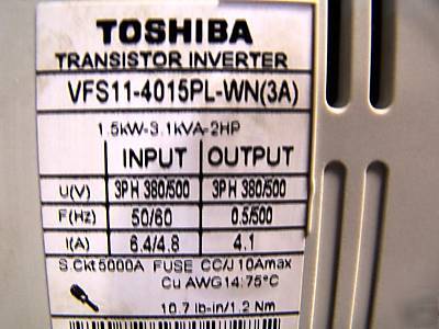 Toshiba 2 hp vfd drive inverter VFS11-4015PL-wn (3A)+++