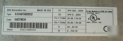 Abb frequency inverter acs 401 60 20 32 25 hp 480 vac