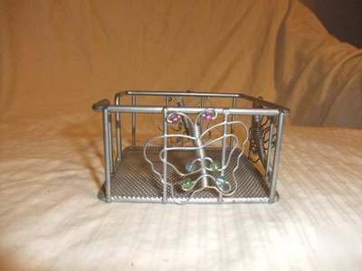 Wire butterfly beaded office paper holder silver square