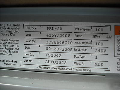 Eaton cutler-hammer PRL2A panelboard, YS2042, 
