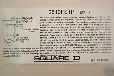 Square d manual motor starter 2510-FS1P w/ pilot light