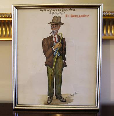 Old signed watercolour caricature - spanish gentleman