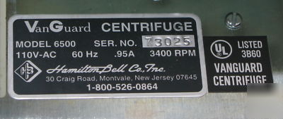 Hamilton bell vanguard V6500 centrifuge 3400RPM 6-place