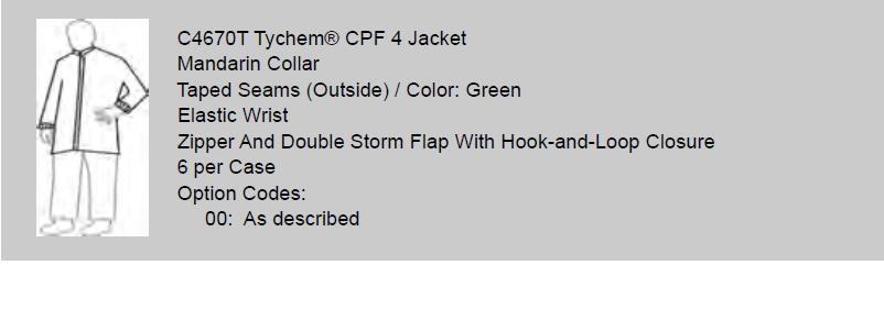 Tychem cpf 4 C4670T jacket green x-large lot-6-ea