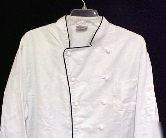 White chef coat piping knot button double breast l nwt