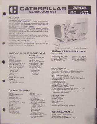 1985 caterpillar 3208 generator set 100, 125KW brochure