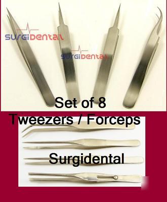 4 swiss jeweler micro tweezers & 4 lab forceps set of 8