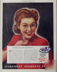 1941 allegheny stainless steel pretty girl color ad
