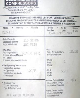 Kaeser kld-115 scfm dissicant compressor air dryer