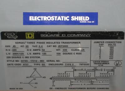 Square d transformer 45 kva 480/208Y/120 3PH 45KVA 