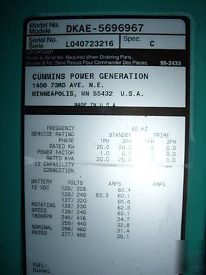 20KW diesel generator w/tank 20 kw generator 1 or 3 ph