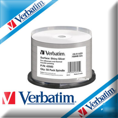 50 verbatim cd-r shiny silver azo cdr discs 43582