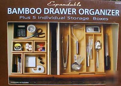 Expandable bamboo drawer organizer + 5 individual boxes
