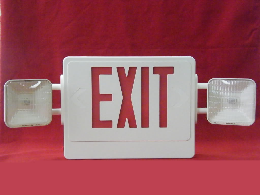 Exit sign / emergency light combo, red letters, white