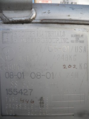 Tote bin by hoover, 300 gal. s/s, used, good cond.
