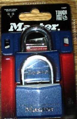 New master lock 2 blue key padlocks set -locker, gate- 