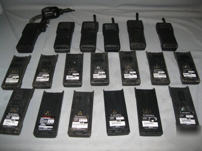 6 motorola HT1000 hand held radios with 19 batteries