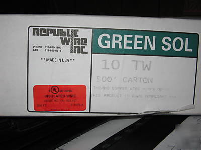 10 awg copper ground cable green tw cu wire 500' ft ul