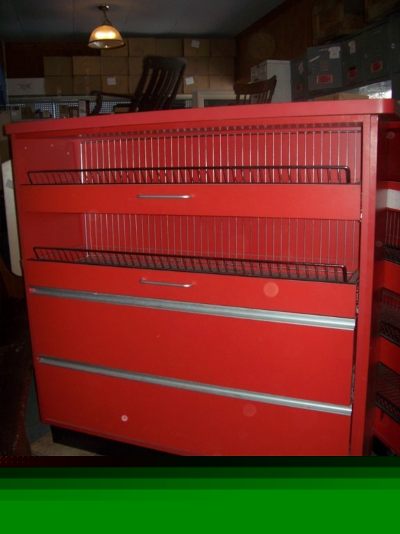 Red cabinet 4 drawer storage unit open retail shelf