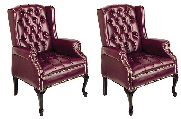 Two jamestown oxblood wing back queen anne guest chairs